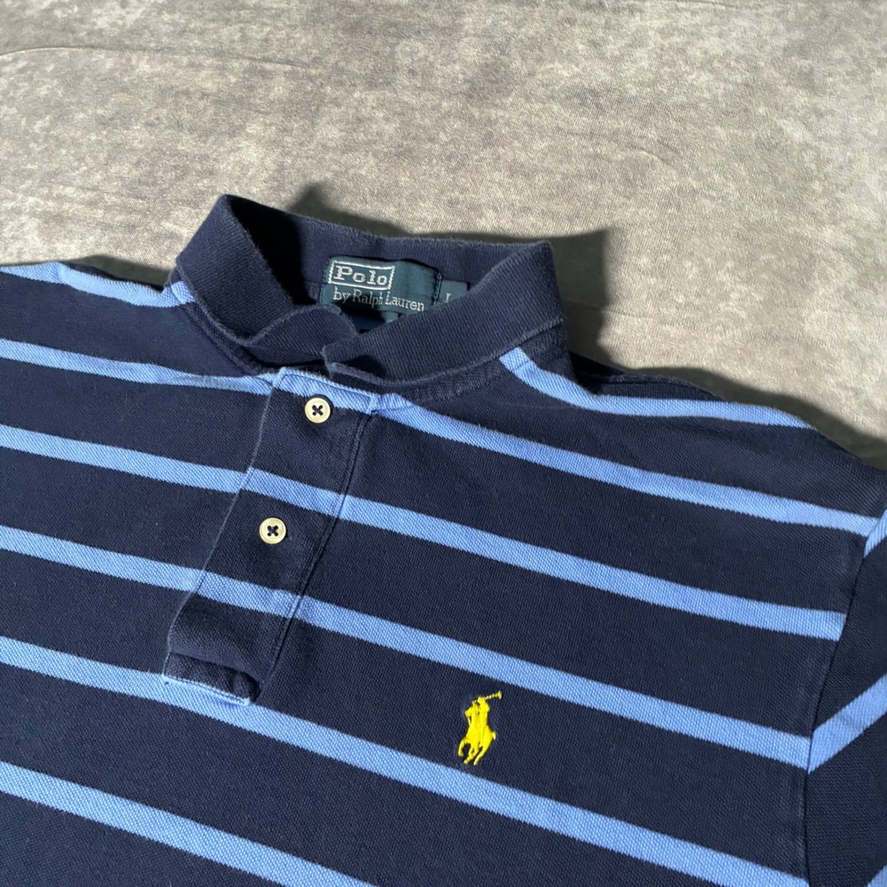 Vintage Polo Ralph Lauren Striped Polo Shirt Navy Blue Yellow Pony Mens Large